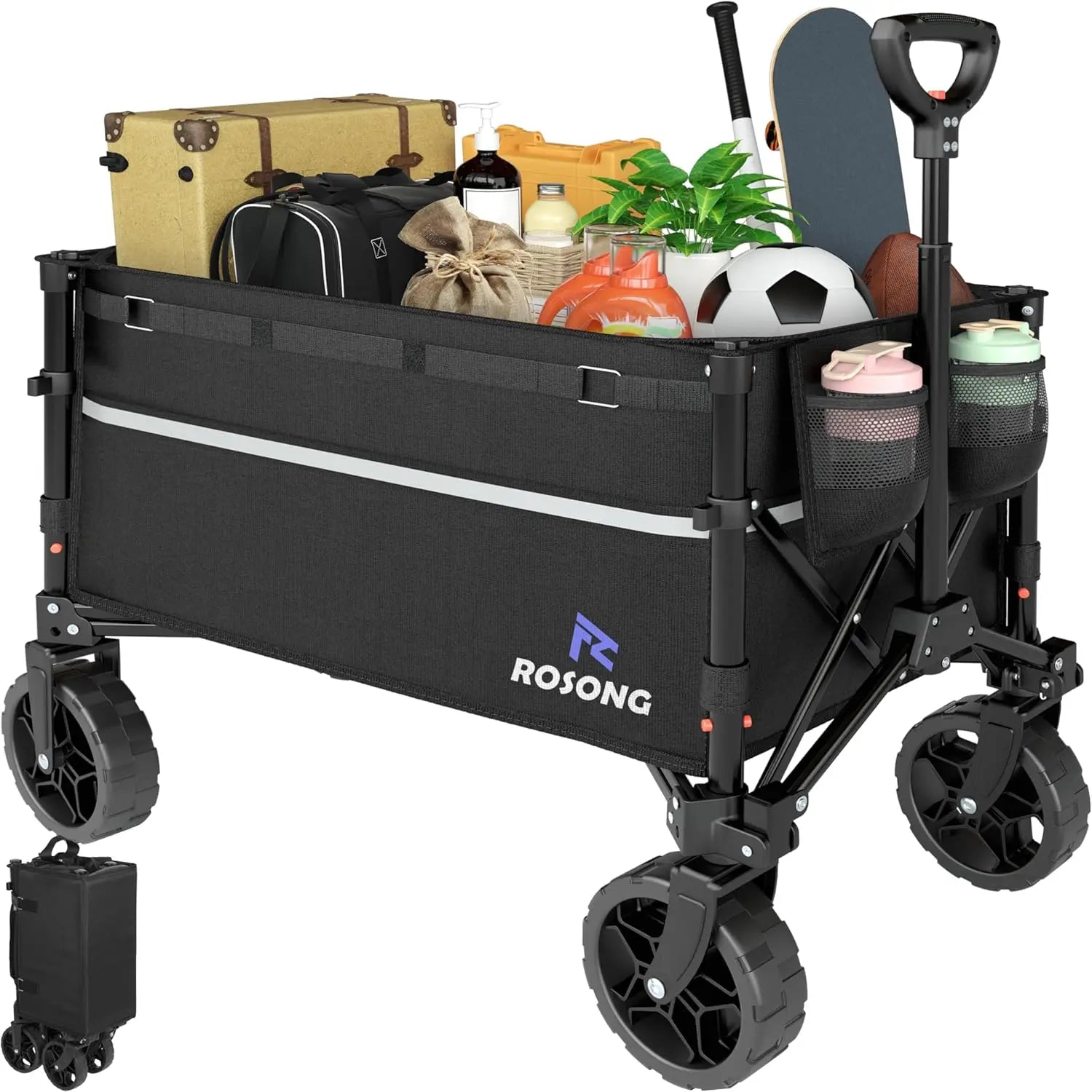 Foldable Wagon Cart with Wheels, Heavy Duty Utility for Grocery Shopping, Camping, Garden & Sports (Black, 120L)
