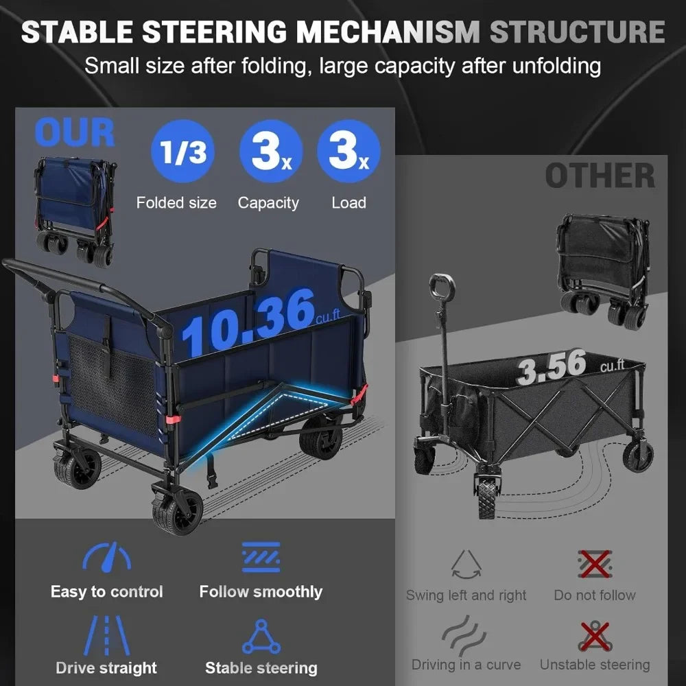 Heavy Duty Folding Wagon Cart - 2-in-1 Collapsible Utility Cart with 650lb Capacity, All-Terrain Wheels & Brakes, Blue