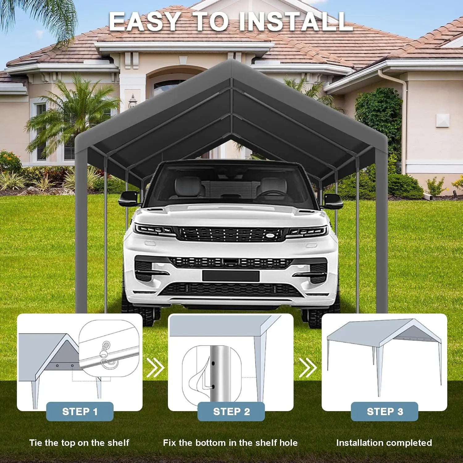 10x20 Heavy-Duty Carport Canopy Cover, Waterproof Replacement Top with Edge & Bungees (Frame Not Included)