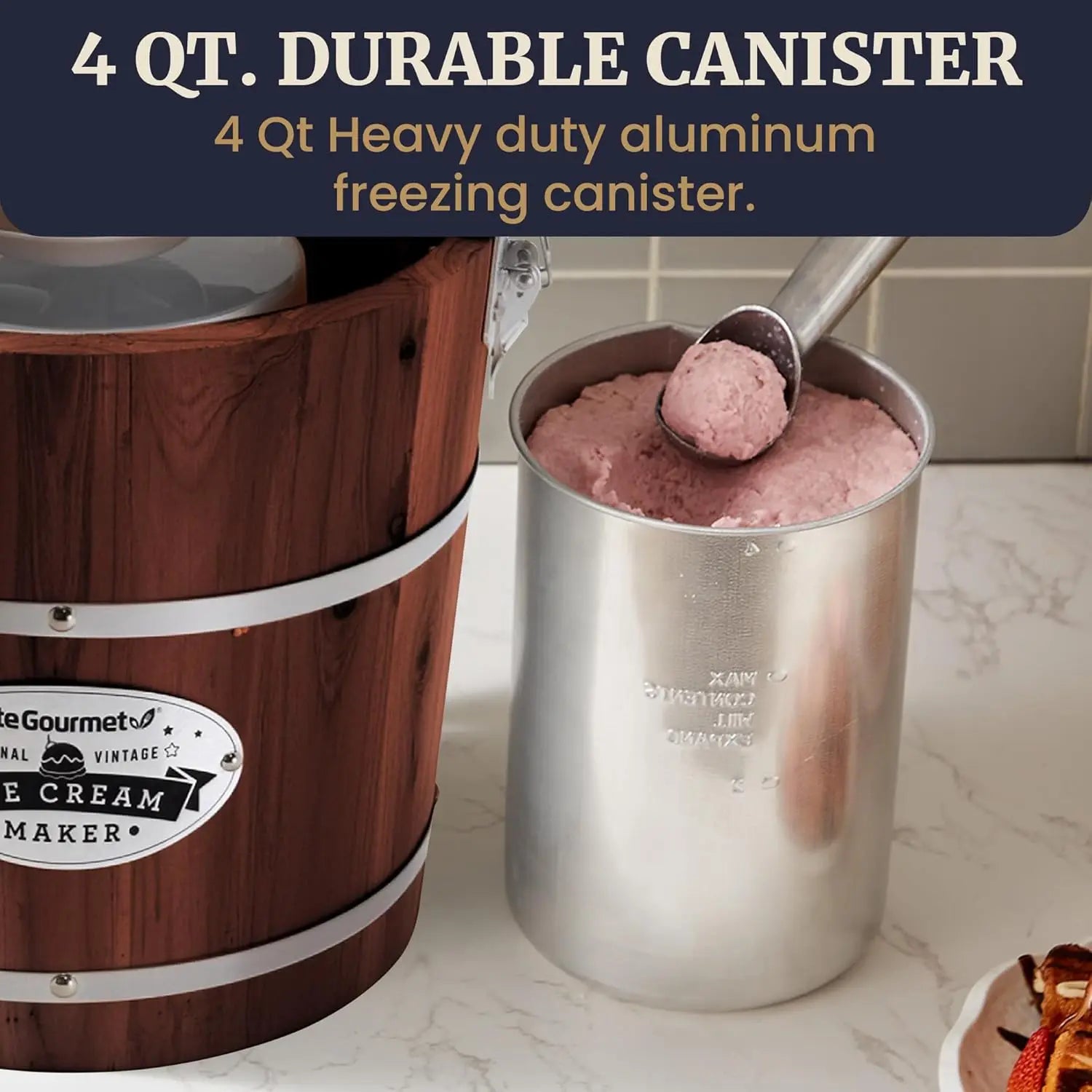 Vintage Walnut Wood Bucket Electric Ice Cream Maker, 4-Quart Capacity, Uses Ice and Rock Salt