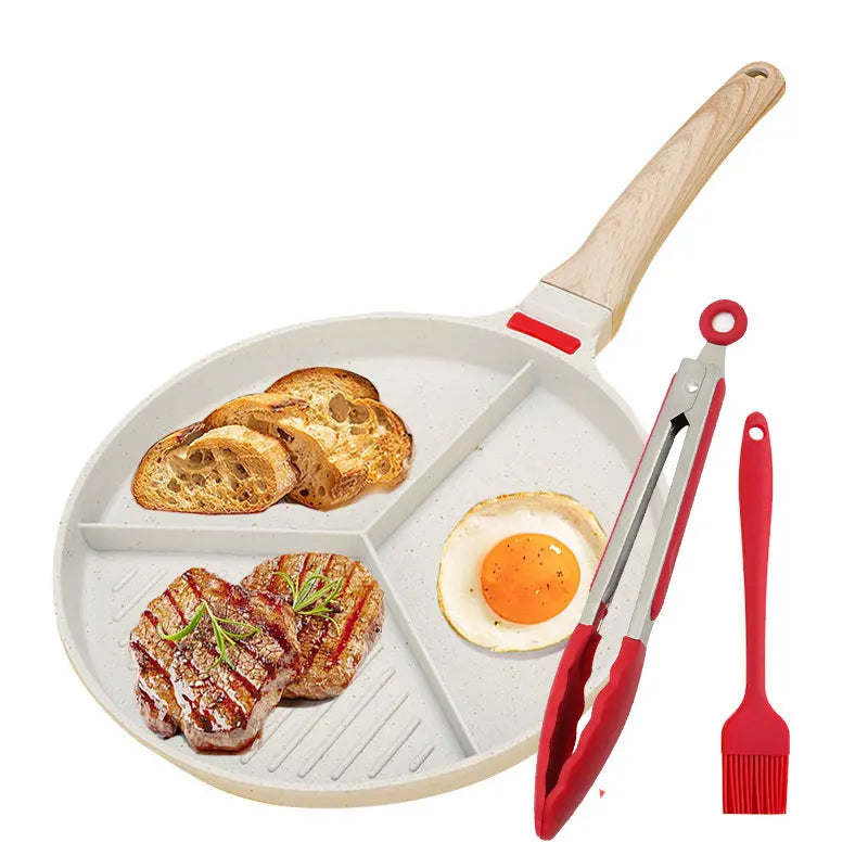 3-in-1 Nonstick Omelet Pan with Heat Resistant Handle 3-Cup Breakfast Divided Grill Frying Pan for Egg Kitchen Utensils