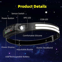 USB Rechargeable COB LED Headlamp – Waterproof Sensor Headlight for Camping & Fishing