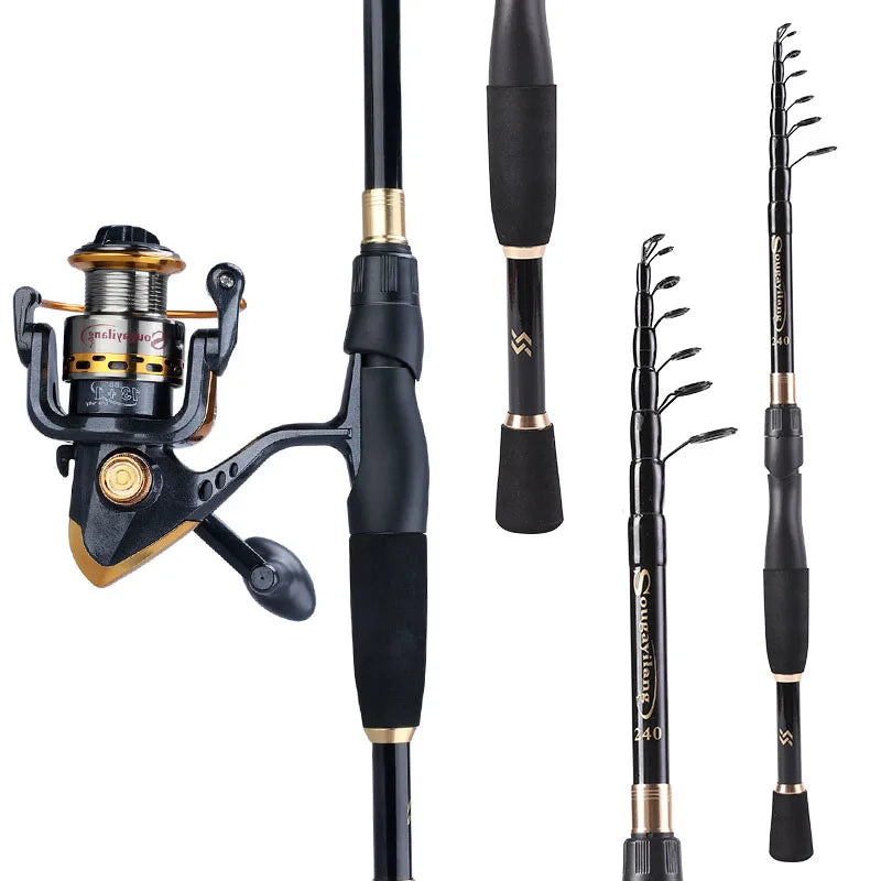 Sougayilang Telescopic Fishing Combo 1.8m 2.1m 2.4m Carbon Fiber Rod and 5.5:1 13+1BB Spinning Fishing Reel Fishing Kit Pesca