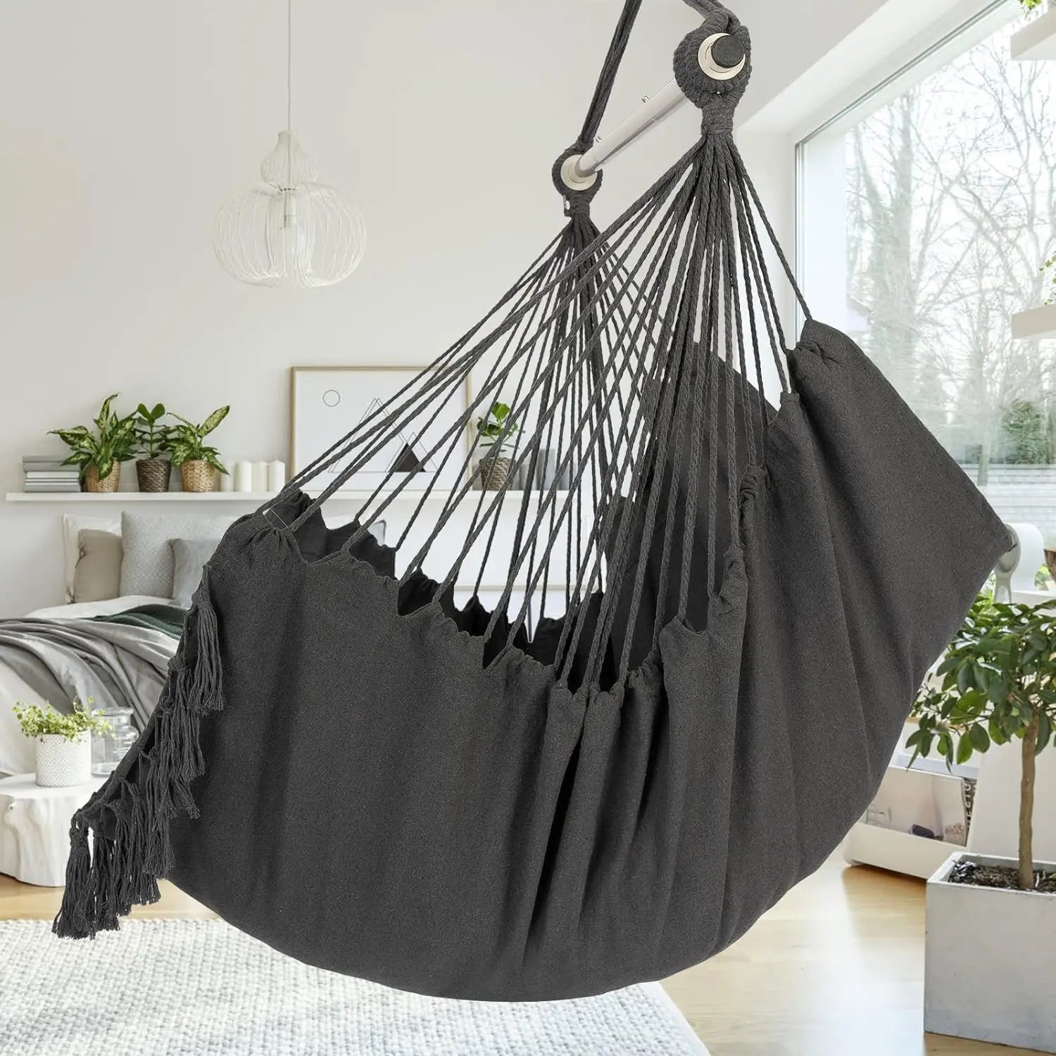 Heavy Duty Macrame Hanging Chair with Cushions (500lb Capacity) – Indoor/Outdoor Cotton Rope Swing Chair with Pocket