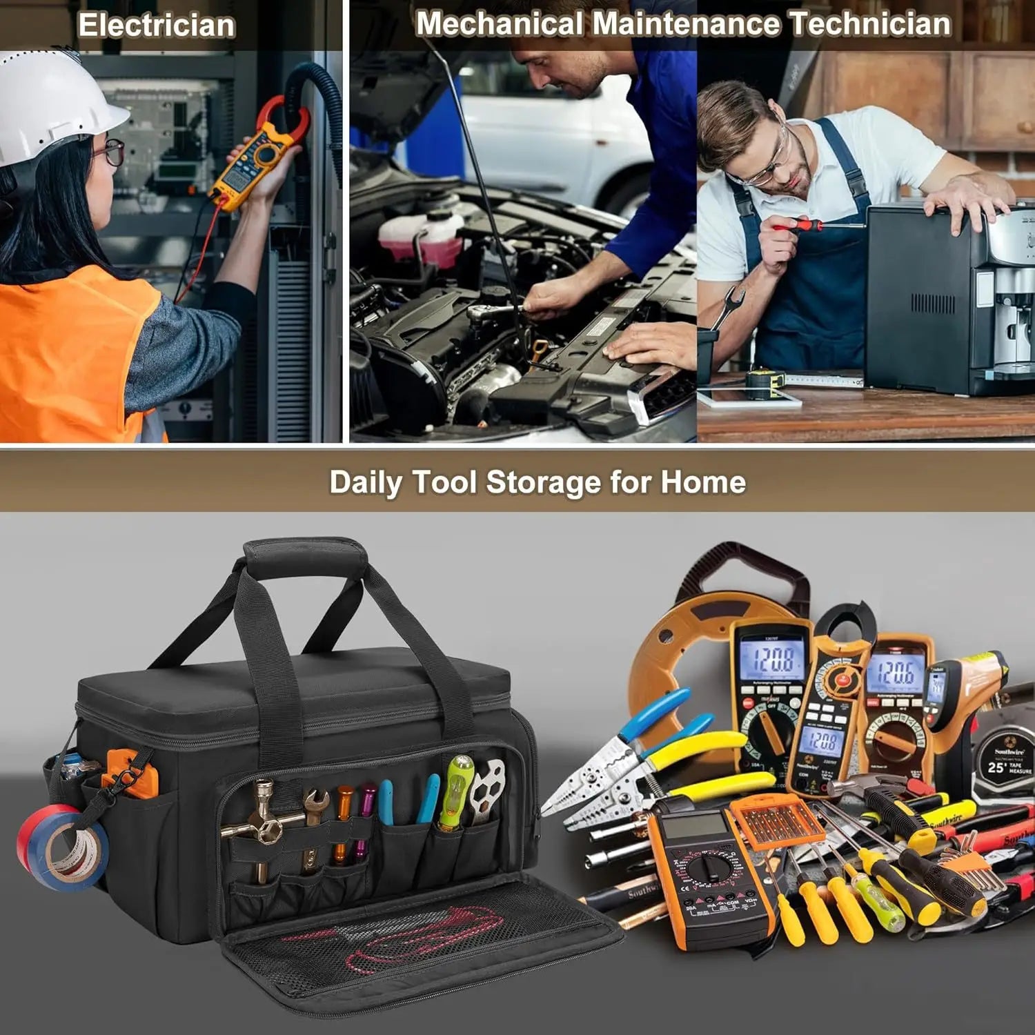 Heavy Duty Multi-Pocket Tool Bag – Wide Opening Outdoor Storage Bag for Tools & Gear