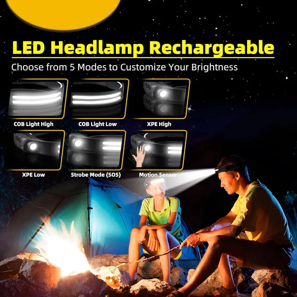 USB Rechargeable COB LED Headlamp – Waterproof Sensor Headlight for Camping & Fishing