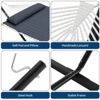 Heavy Duty Double Hammock with Steel Stand (475lb Capacity) – Breathable Cotton Rope Outdoor Hammock with Quilted Pad
