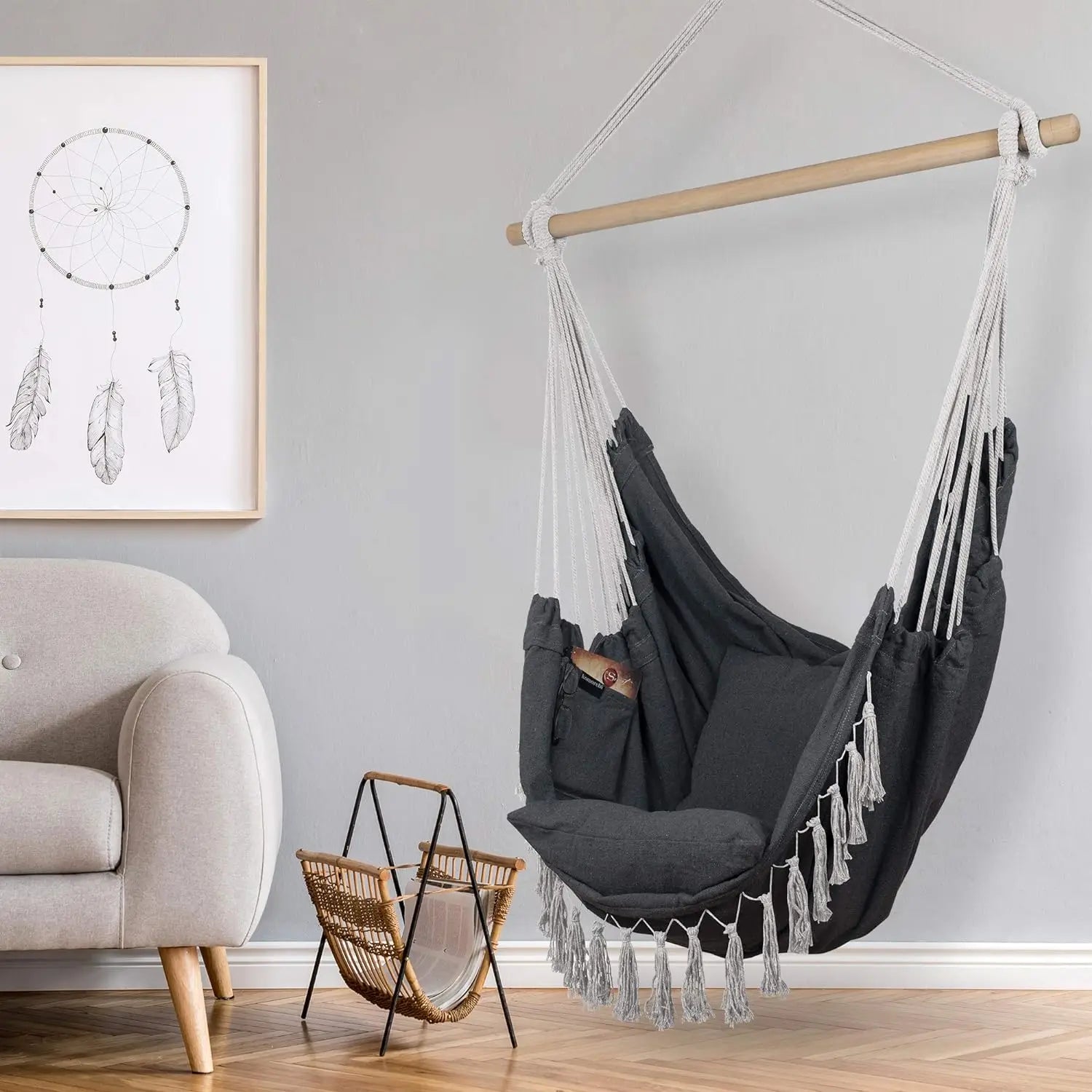 Heavy Duty Macrame Hanging Chair with Cushions (500lb Capacity) – Indoor/Outdoor Cotton Rope Swing Chair with Pocket