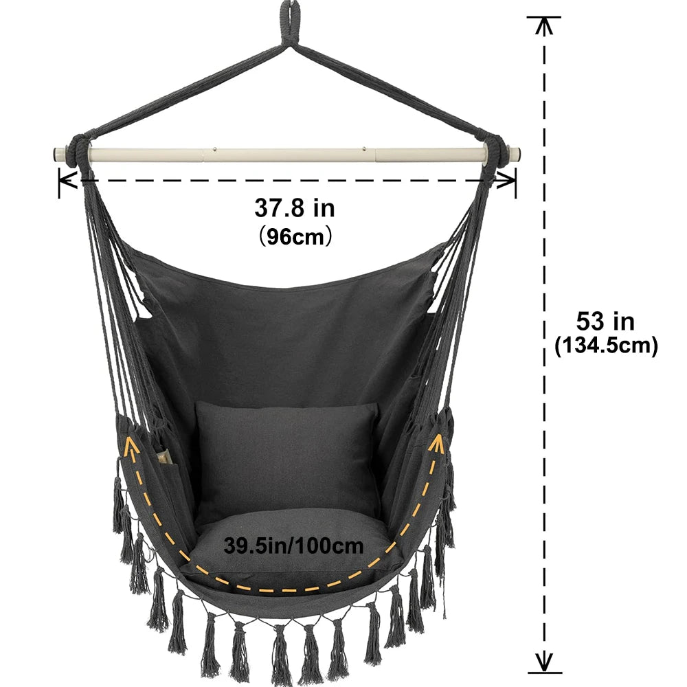 Heavy Duty Macrame Hanging Chair with Cushions (500lb Capacity) – Indoor/Outdoor Cotton Rope Swing Chair with Pocket