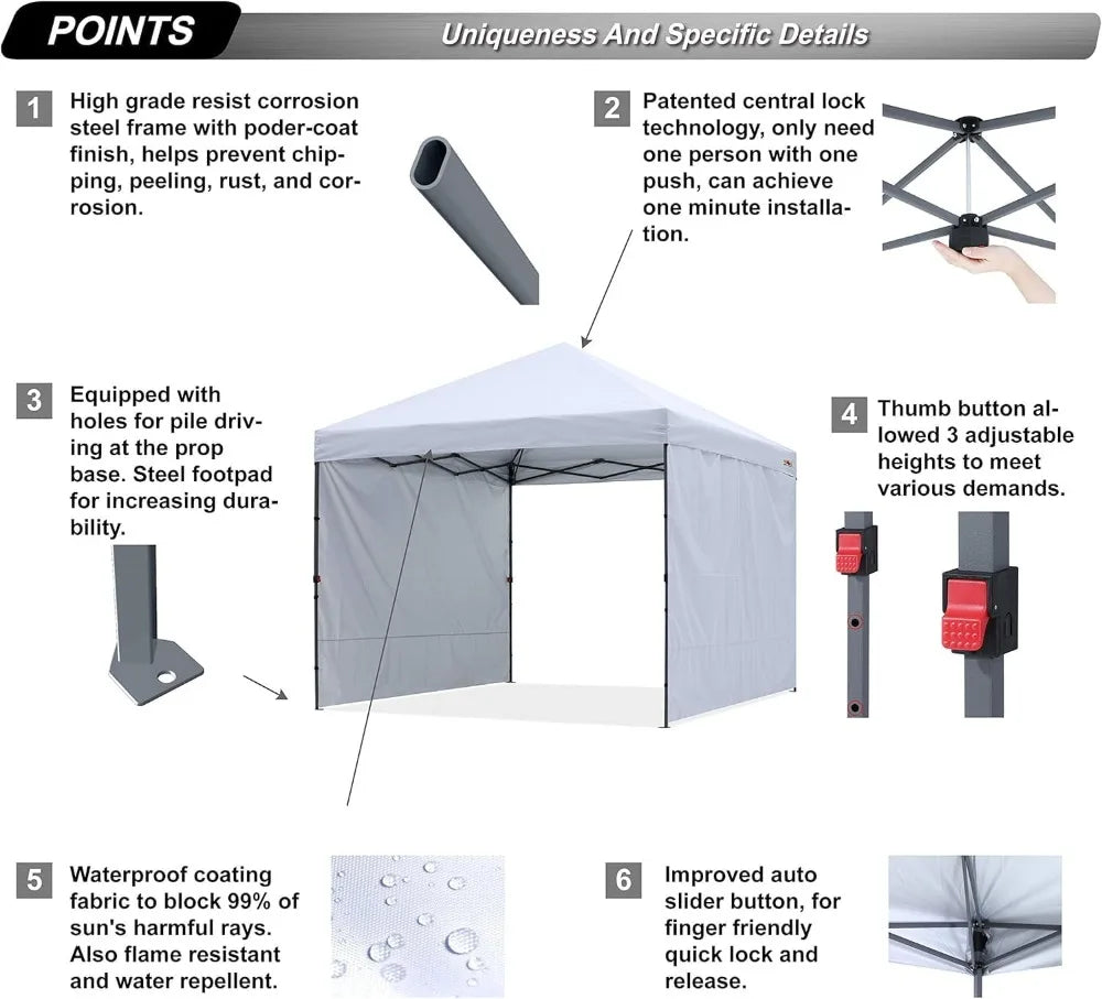 10x10 Pop Up Canopy Tent with 2 Sidewalls, Easy Setup for Outdoor Sun and Rain Protection, White