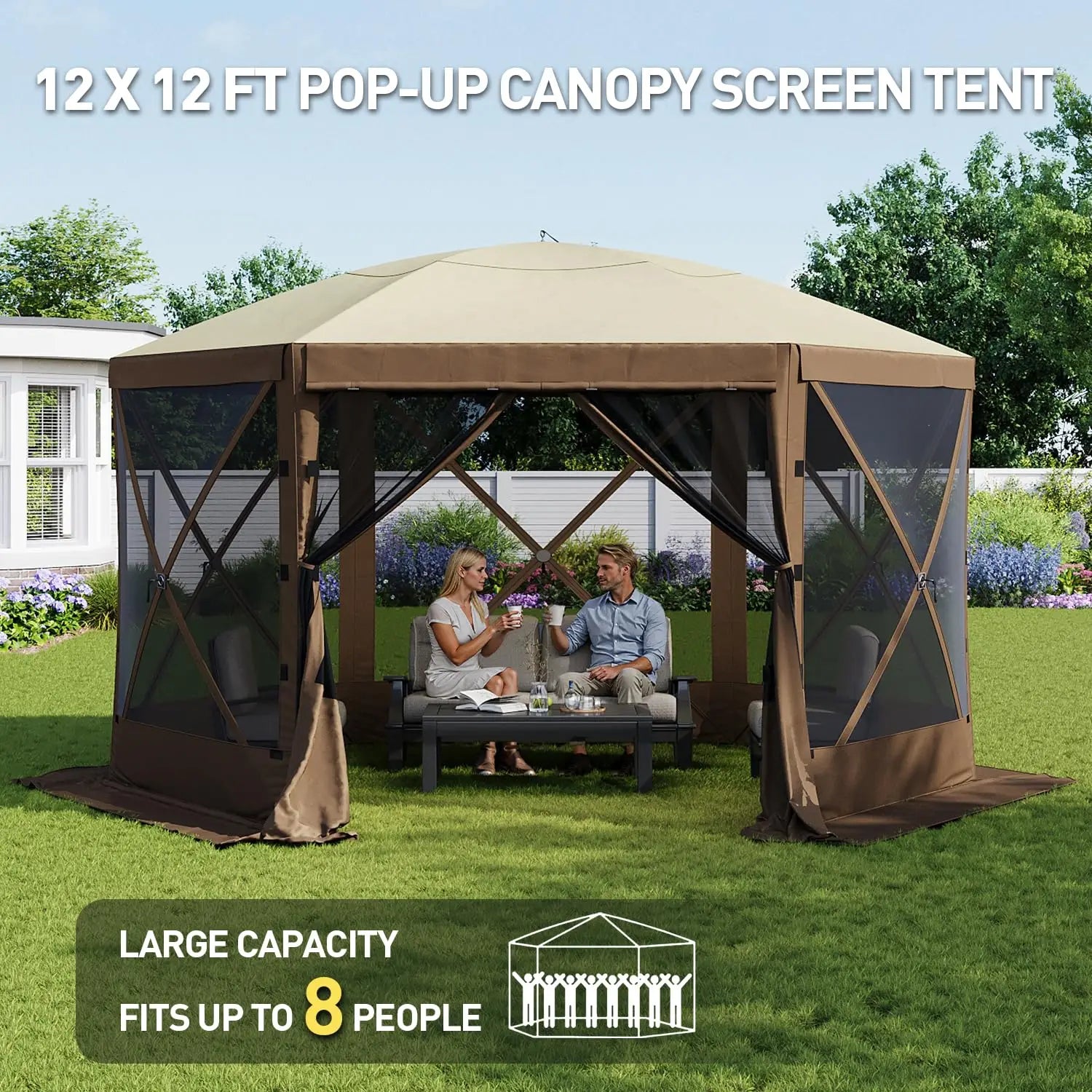 12x12 FT Pop Up Gazebo Screen Tent – 6-Sided Canopy with Carry Bag & Stakes, Outdoor Sun Shelter for Backyard & Camping