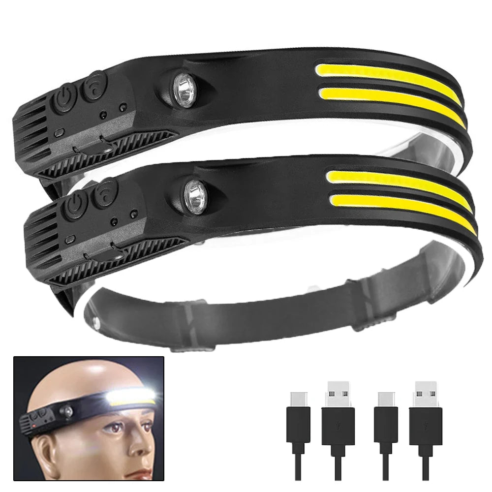 USB Rechargeable COB LED Headlamp – Waterproof Sensor Headlight for Camping & Fishing