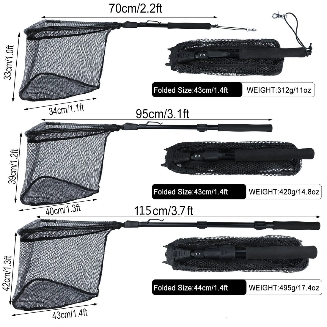 Sougayilang Fishing Tool Net Fishing tackle 70cm 95cm 115cm Portable Retractable Folding Fishing Net for Bass Carp Trout Fishing