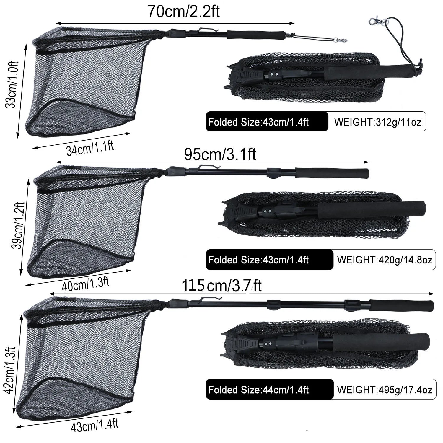 Sougayilang Fishing Tool Net Fishing tackle 70cm 95cm 115cm Portable Retractable Folding Fishing Net for Bass Carp Trout Fishing