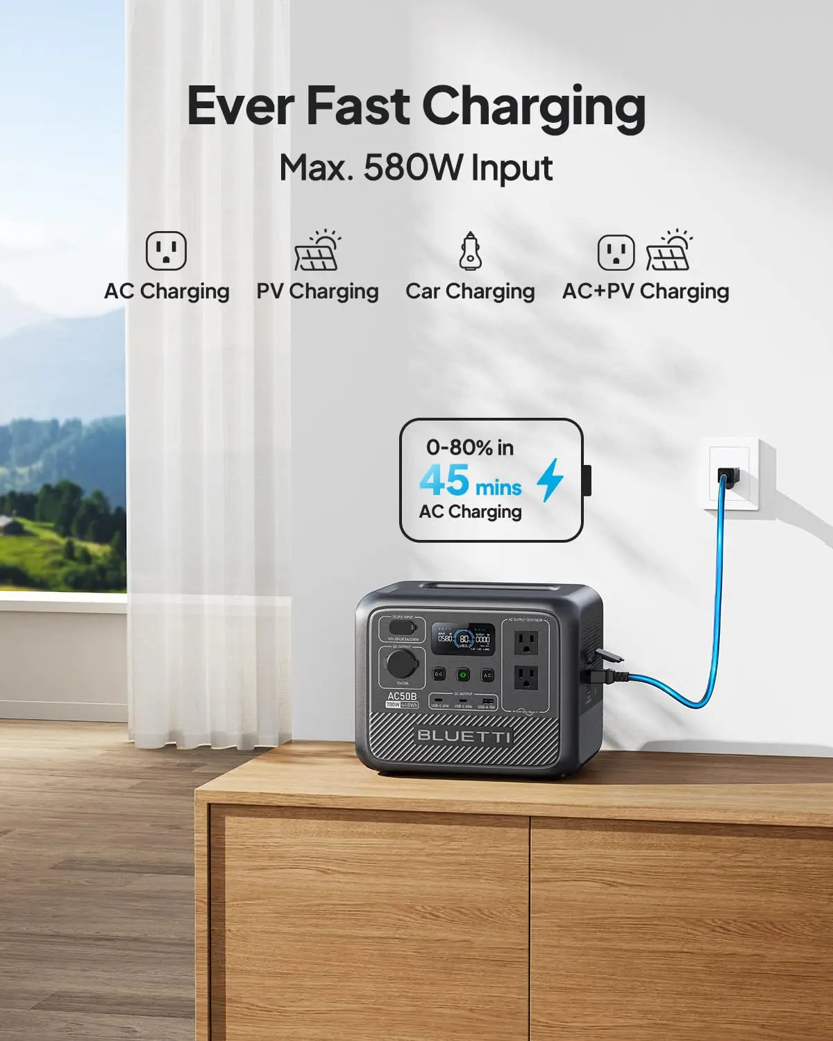 BLUETTI AC50B Portable Power Station – 448Wh LiFePO4 Battery, 700W AC Output (Power Lifting), Solar Generator for Camping & Backup Power