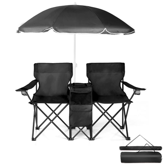 Portable Outdoor 2-Seat Folding Chair with Removable Umbrella