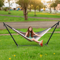 Heavy Duty Double Camping Hammock with Steel Stand (450lb Capacity) – Portable Outdoor Hammock with Carry Bag & Anti-Roll Design