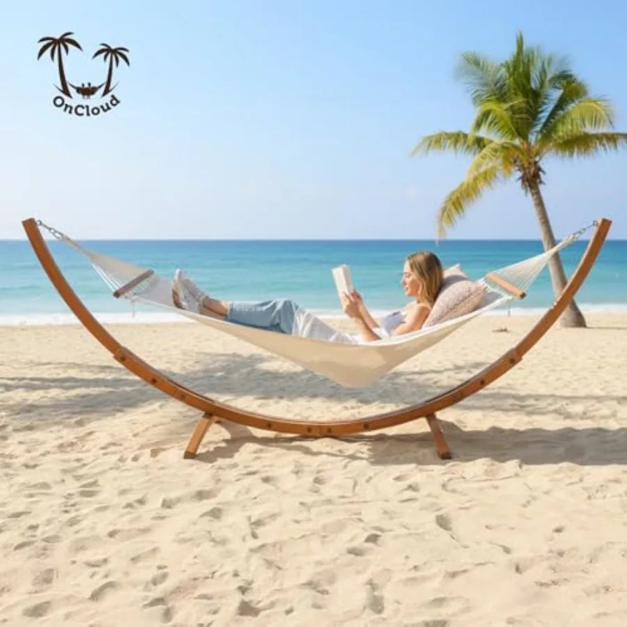 Heavy Duty Double Hammock with Curved Hardwood Stand (10.5 ft, 400lb Capacity) – Premium Outdoor Relaxation Set