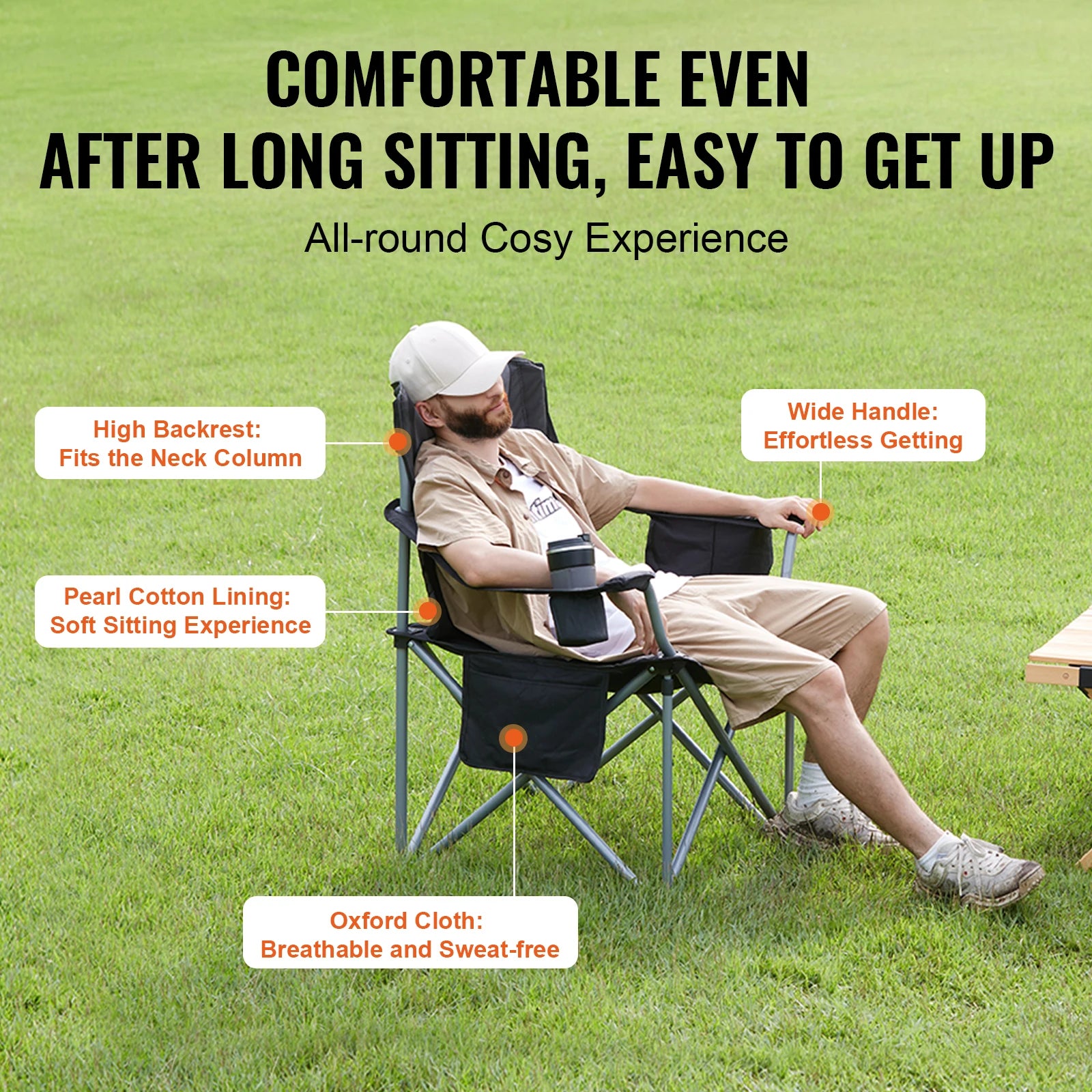 Portable Camping Folding Chair for Adults – Quad Chair with Lumbar Support, Padded Armrests & Side Pockets for Beach, Lawn & Picnic