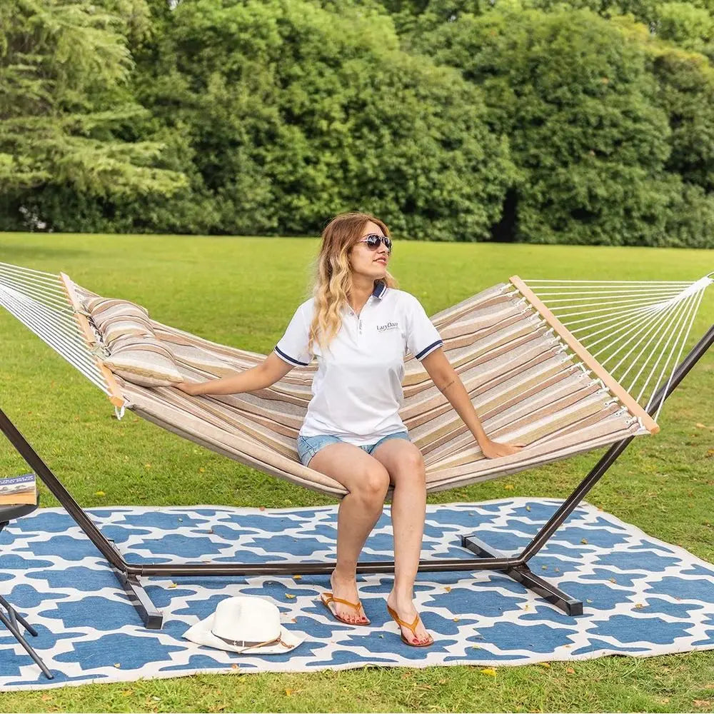 Heavy Duty Quilted Double Hammock with Stand (450lb Capacity) – Indoor & Outdoor Camping Hammock (Olive Green Stripes)