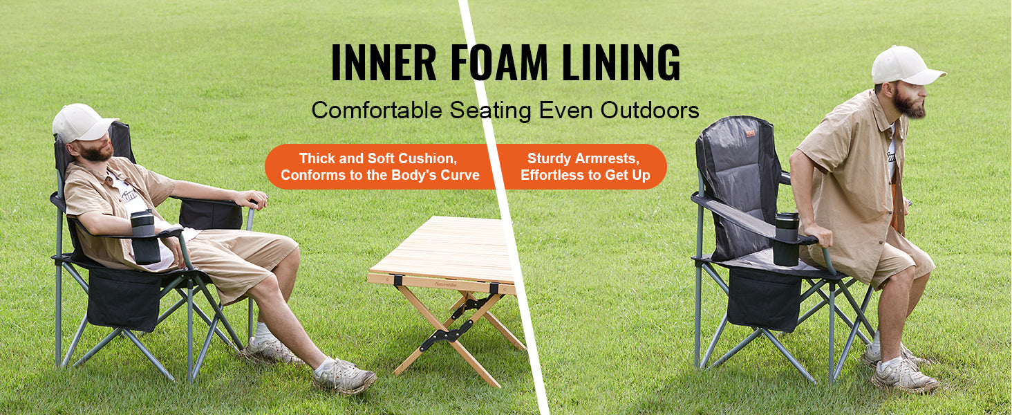 Portable Camping Folding Chair for Adults – Quad Chair with Lumbar Support, Padded Armrests & Side Pockets for Beach, Lawn & Picnic