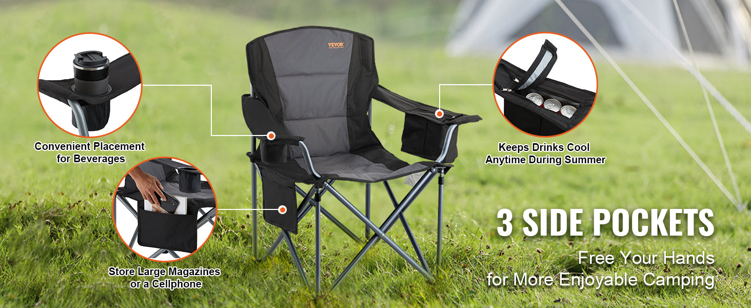Portable Camping Folding Chair for Adults – Quad Chair with Lumbar Support, Padded Armrests & Side Pockets for Beach, Lawn & Picnic